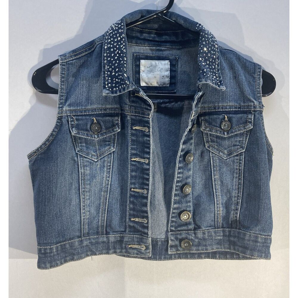 Justice Rhinestone Denim Vest Sz 14 Y2K McBling Sparkle Crop Blue Jean Gilet
